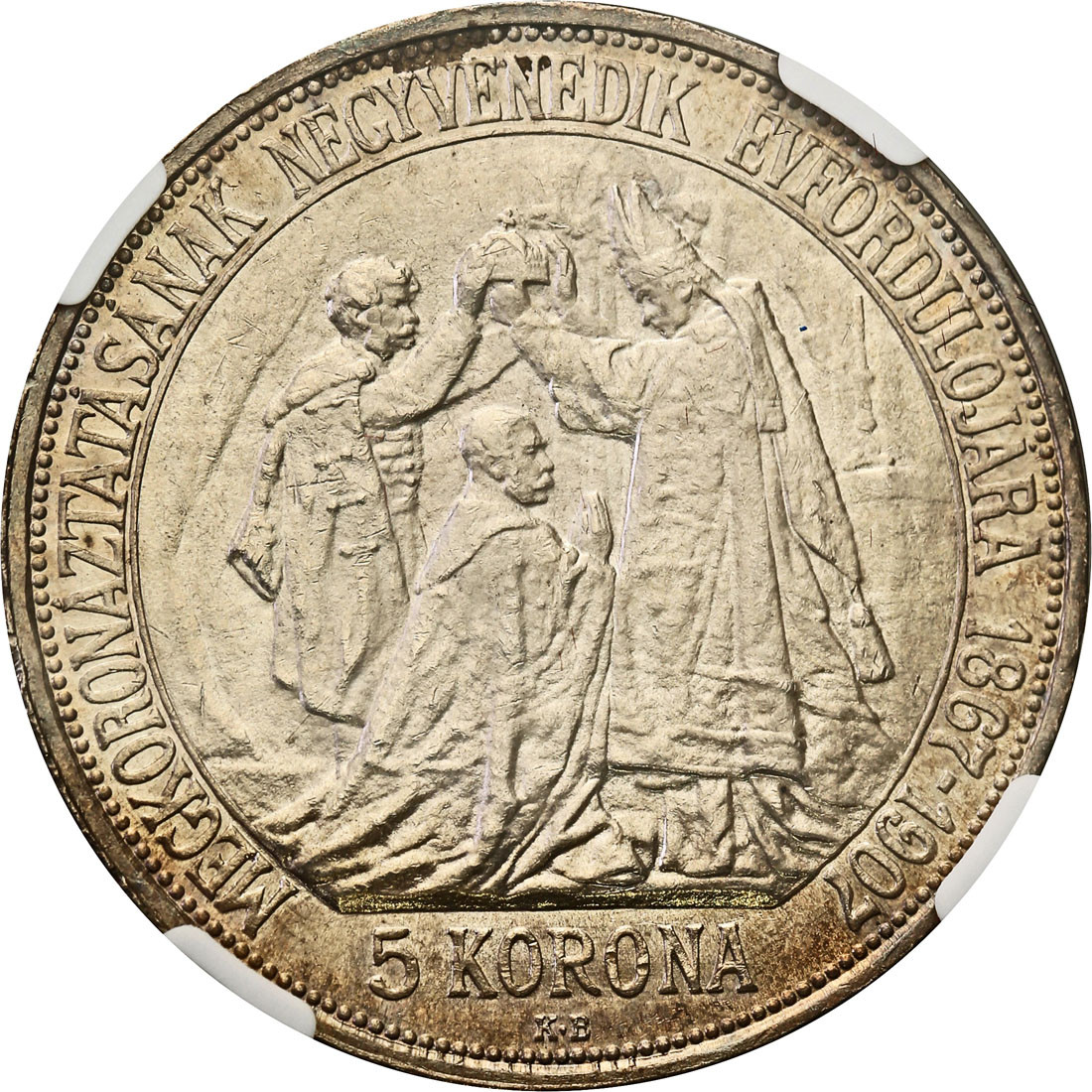 Węgry. Franciszek Józef I. 5 koron 1907 KB, Kremnica NGC MS64 (2 MAX) – Piękne